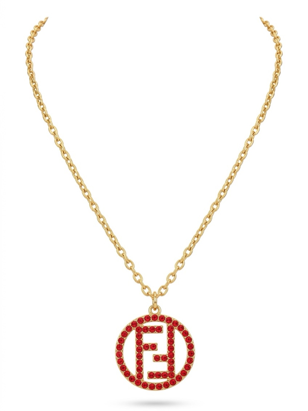 Gold Chain Necklace with Red Crystal Circle Pendant